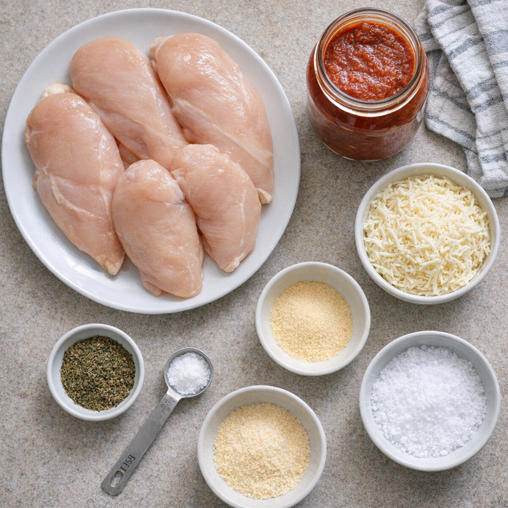 Simple ingredients for slow cooker chicken parmesan arranged on a kitchen counter