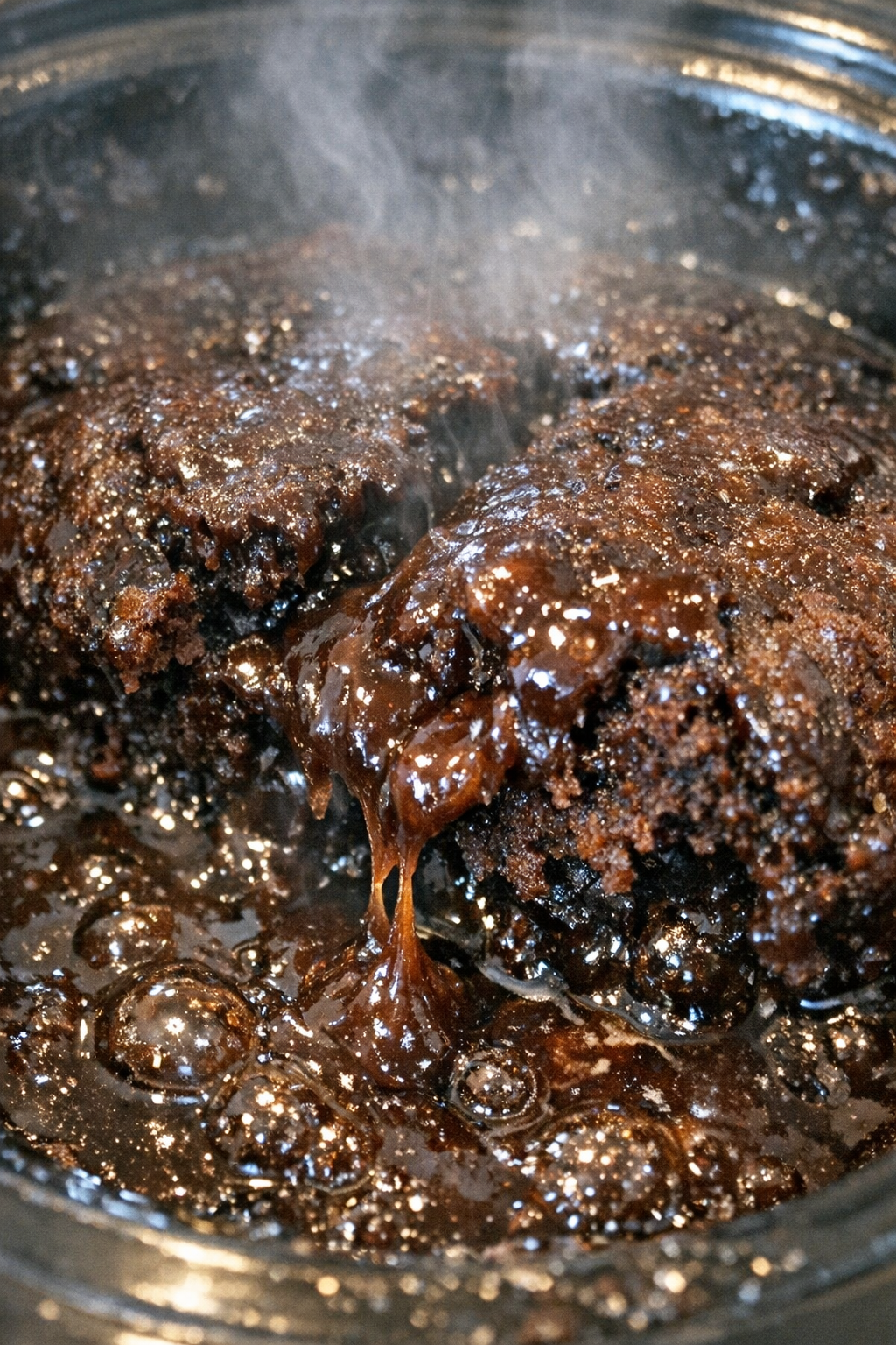 Vintage fudge pudding cake bubbling in a slow cooker
