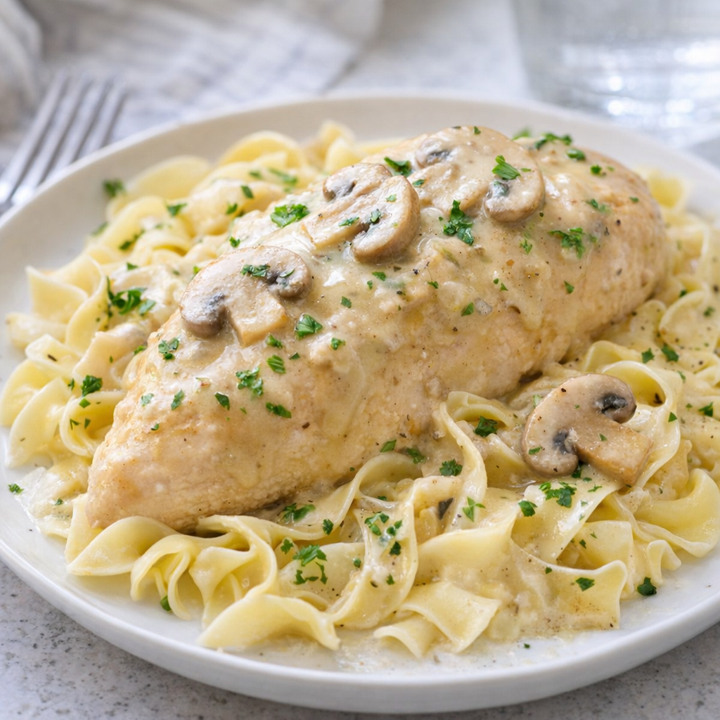 Plated mushroom chicken with sauce over noodles