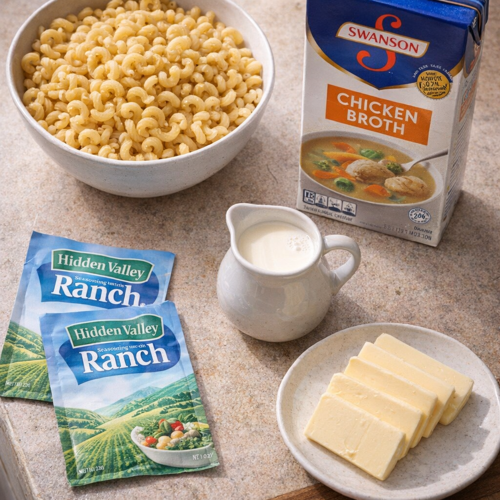 Ingredients for ranch cavatappi laid out on a kitchen counter