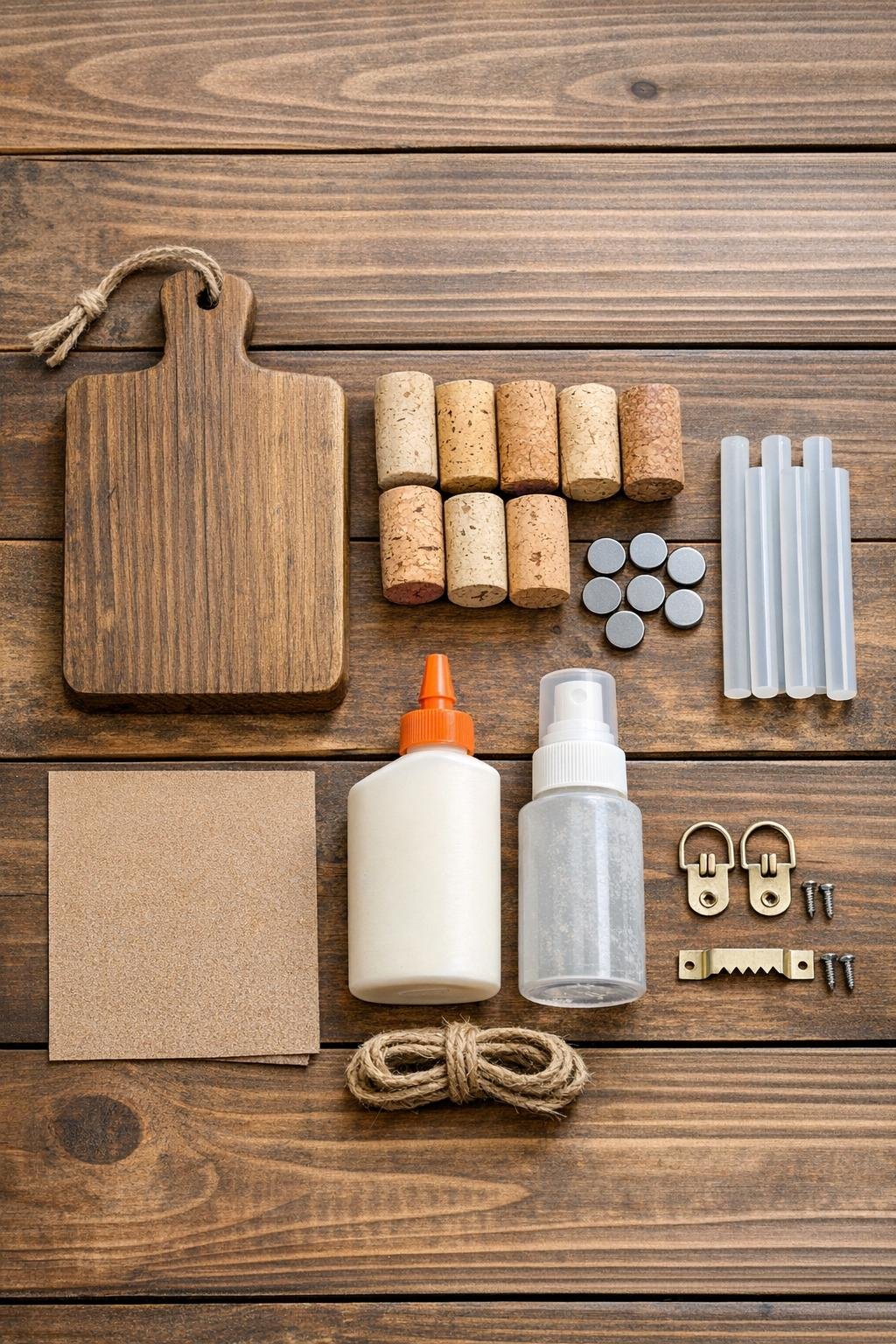 Materials for a magnetic key station laid out on a table