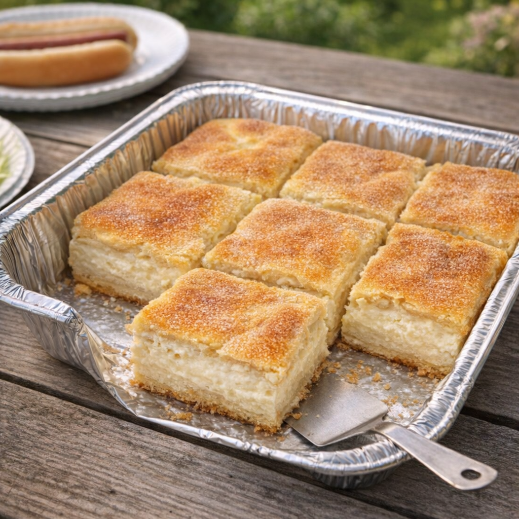 Freshly baked cheesecake bars in a foil tray on a picnic table