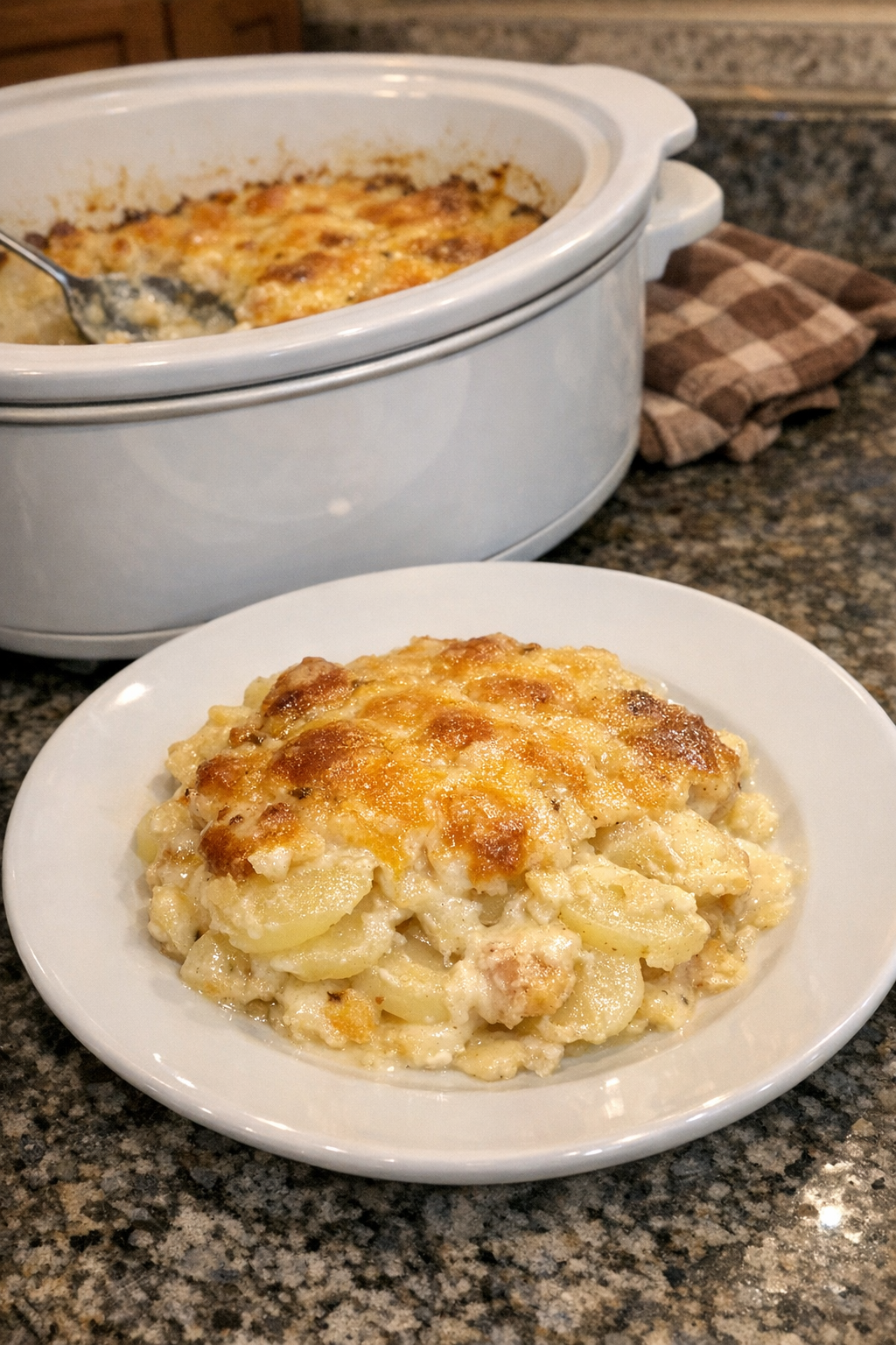 Finished creamy potato casserole plated from the slow cooker