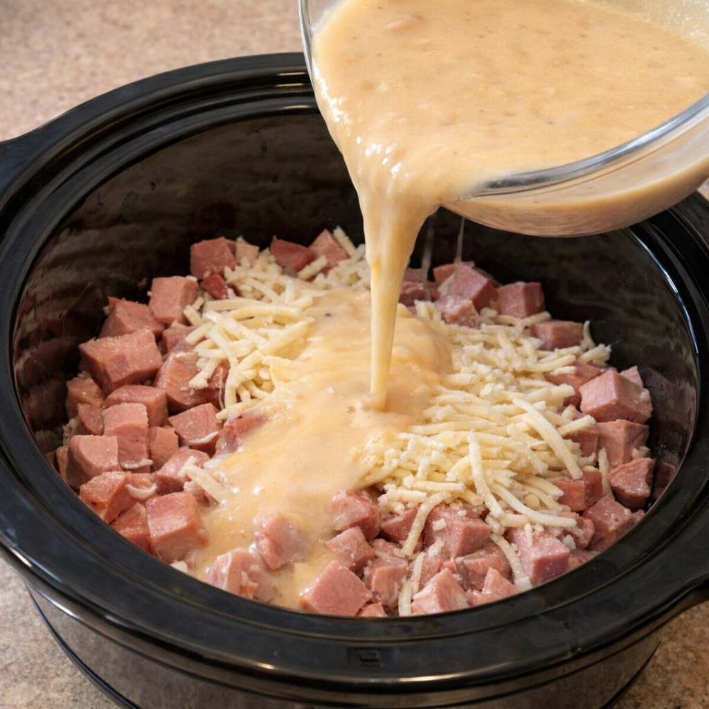 Broth and soup mixture being poured into the slow cooker