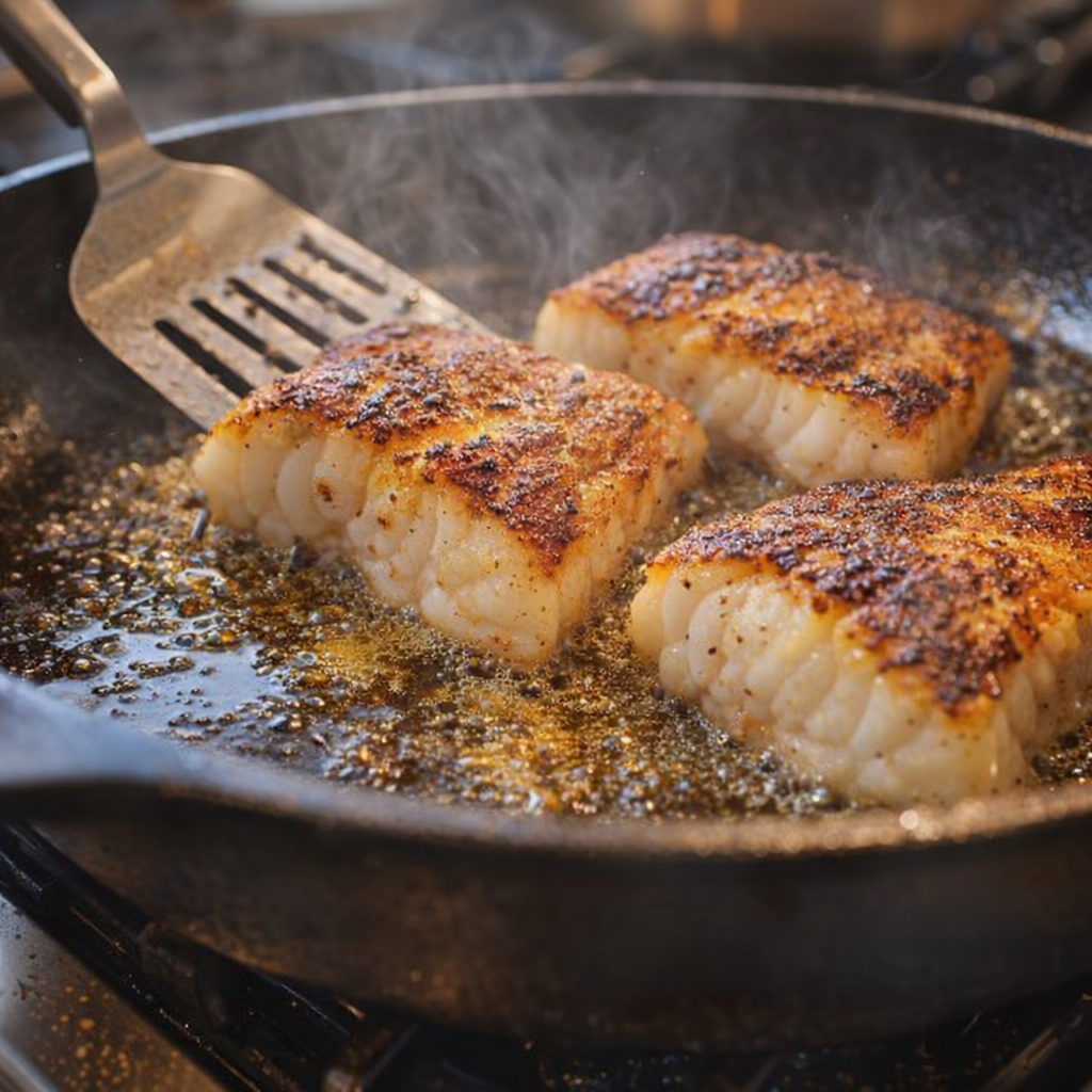 Cod fillets searing in a skillet