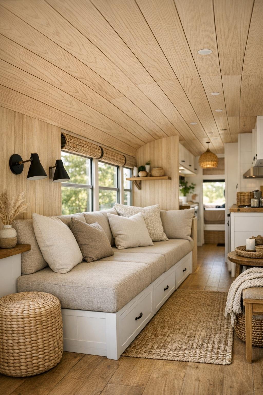 Compact bus living room with oak paneling, built-in seating, and soft neutral textiles