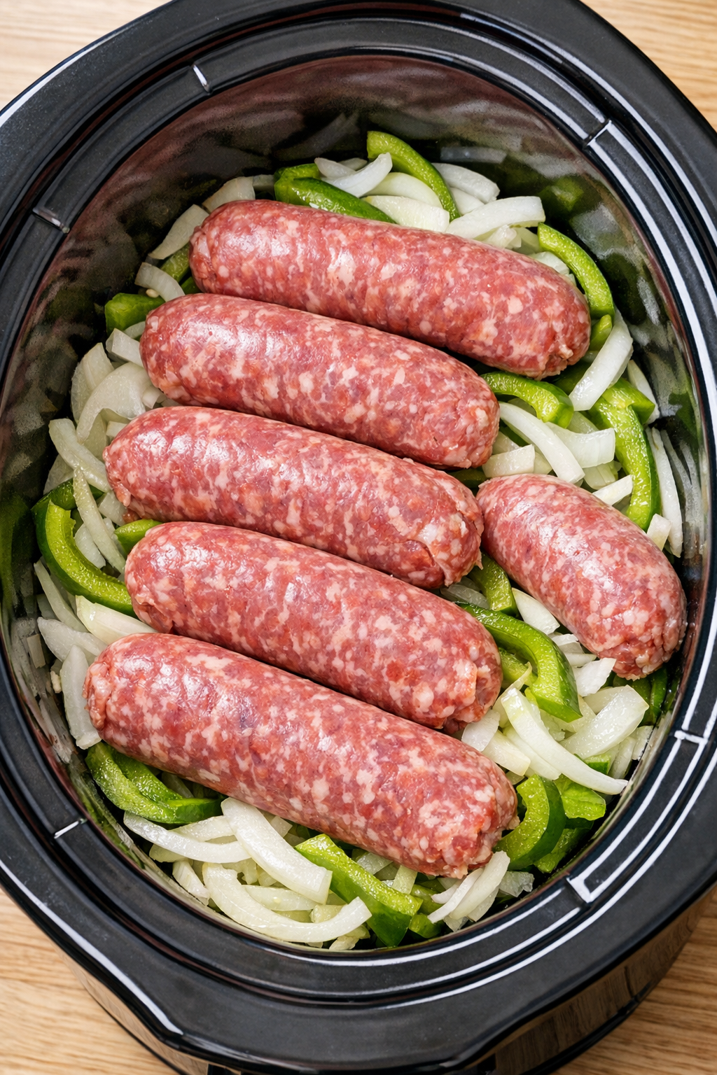 Raw Italian sausage links arranged over peppers and onions in the slow cooker