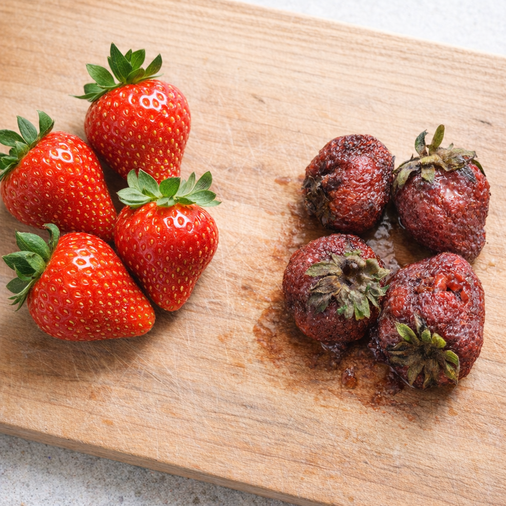 Comparison of fresh strawberries and a few overripe berries on a cutting board