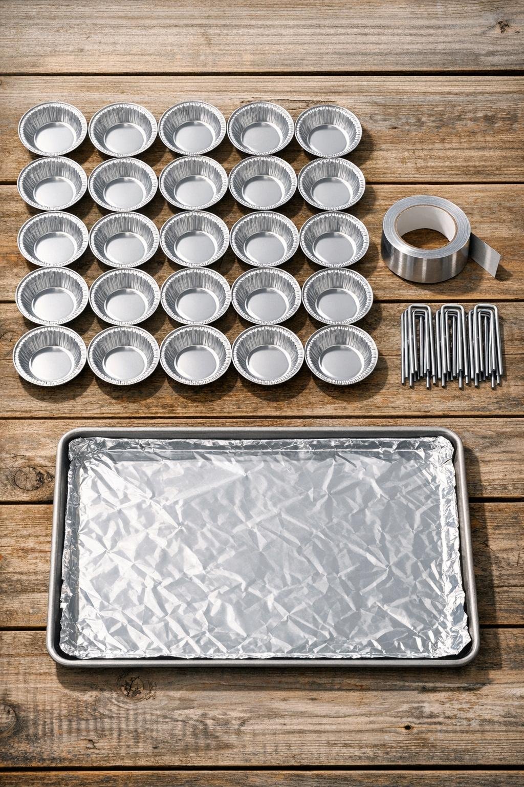 Aluminum pie tins, foil tape, and garden staples laid out for the project
