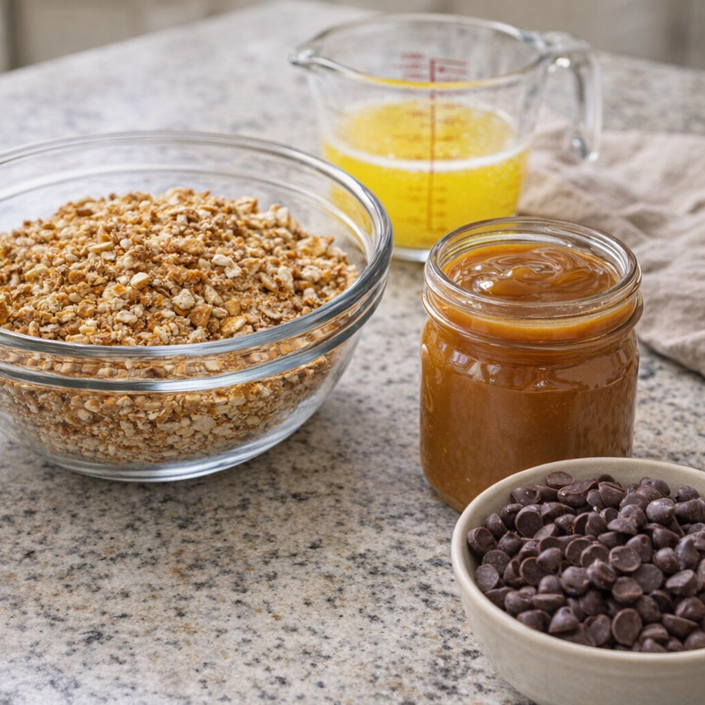 Ingredients for caramel pretzel bars arranged on a counter