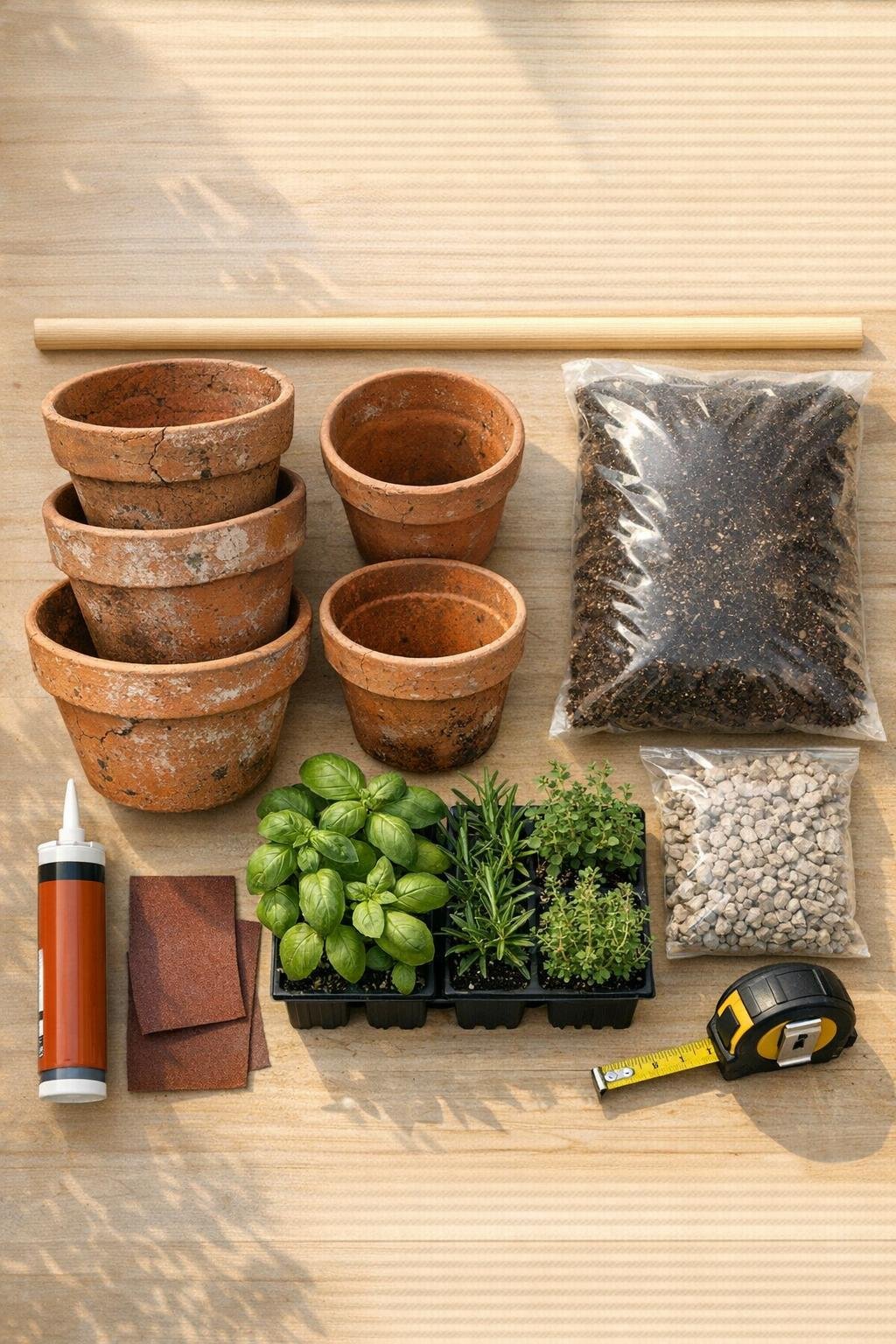 Materials for a five-pot tiered terracotta herb planter laid out together