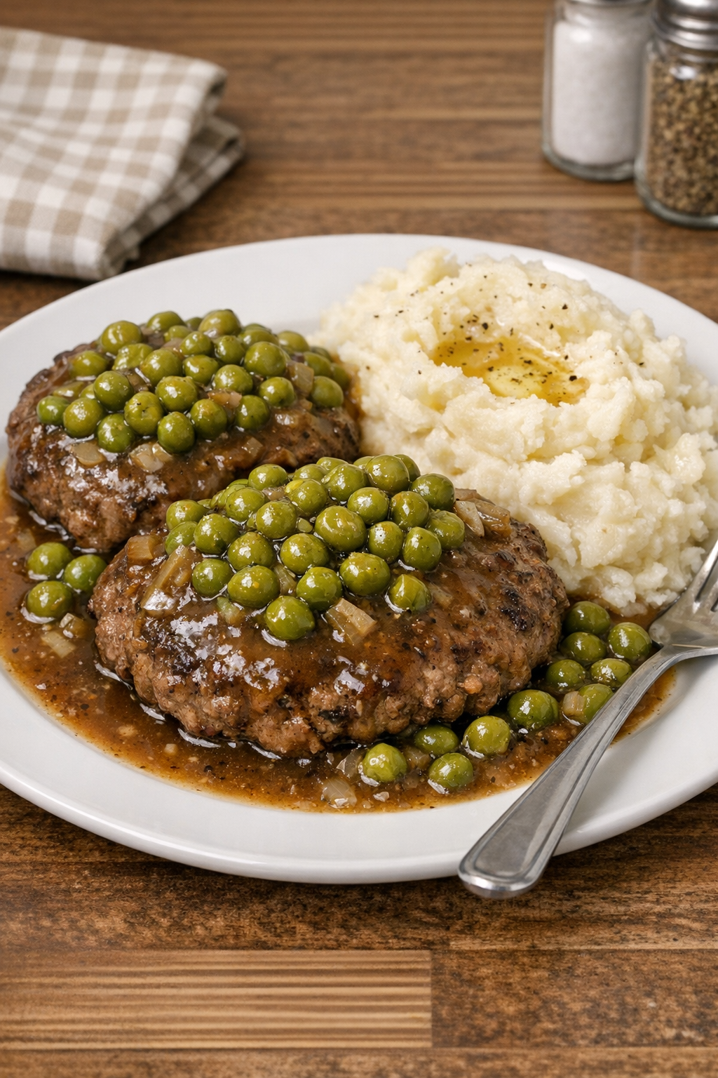 Finished plated beef patty supper with peas and gravy