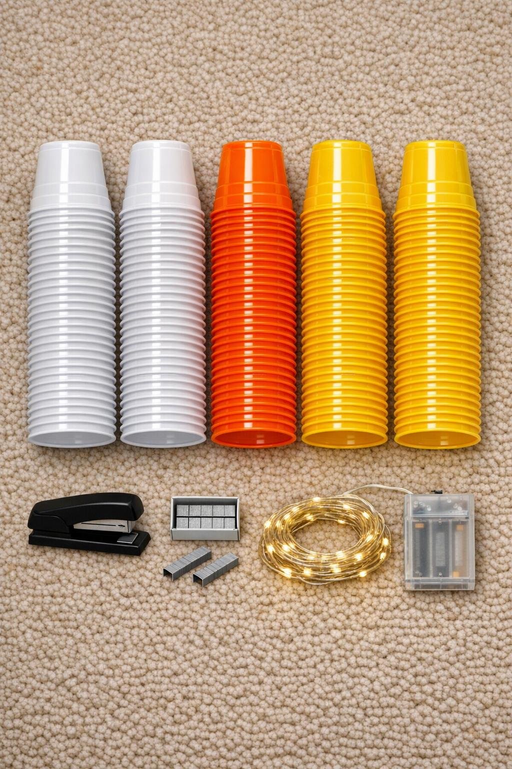 Plastic cups, stapler, staples, and LED string lights laid out for the project