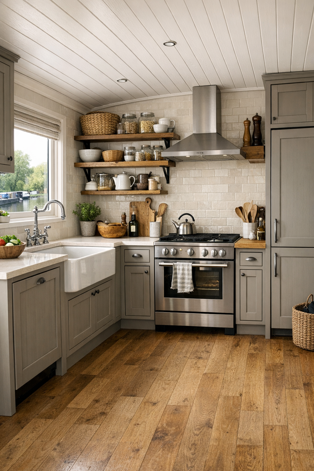 Barrier-free country houseboat kitchen with mushroom-gray cabinets and honed quartz counters