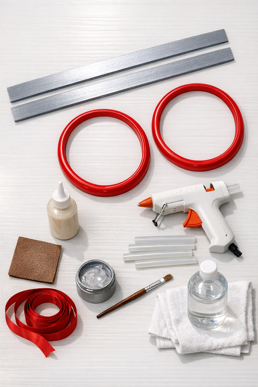 Materials for a giant scissors door hanger laid out on a table