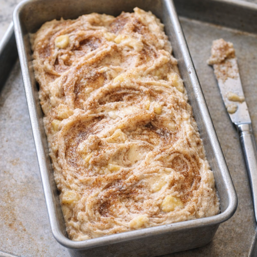 Unbaked banana loaf batter swirled in the pan