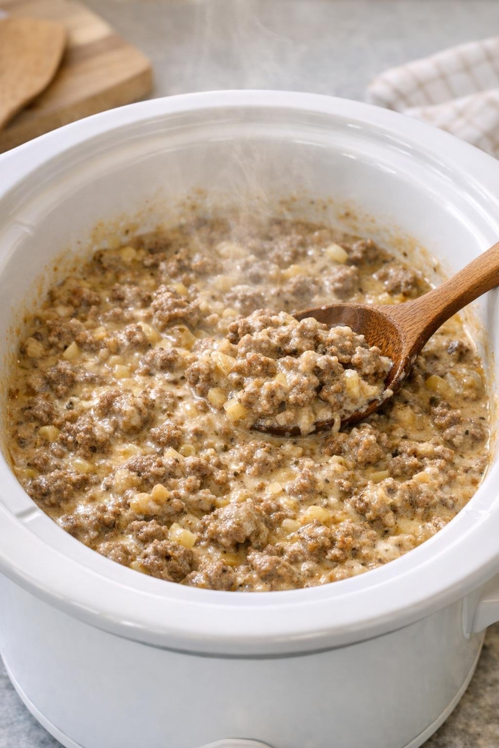Cooked creamy ground beef mixture in slow cooker