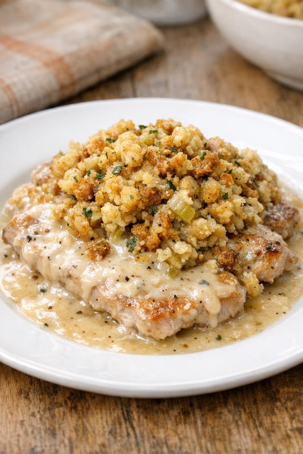 Finished slow cooker pork with stuffing on a plate