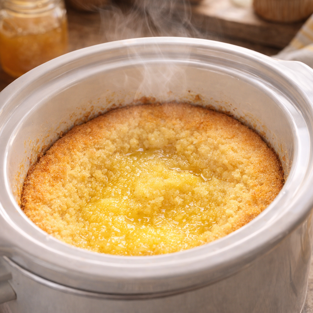 Finished lemon pudding cake inside the slow cooker