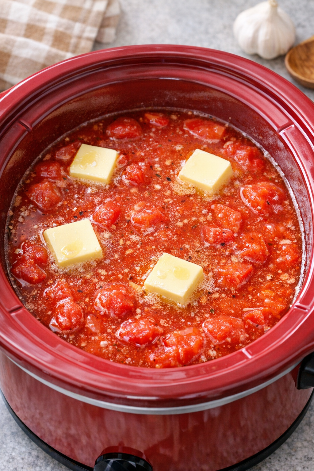 Tomatoes, broth, and butter combined in a red slow cooker