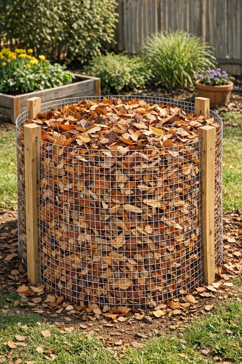 Finished leaf mold composting bin made from hardware cloth in a backyard garden