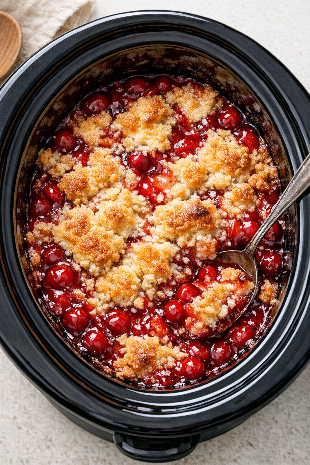 Finished cherry dump cake in slow cooker