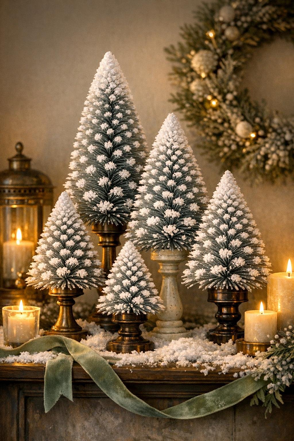 Finished snowy bottlebrush trees made from toilet brushes on candlesticks