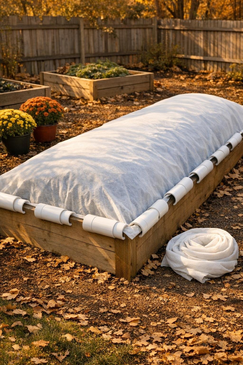Finished PVC row cover weights securing a fall garden bed
