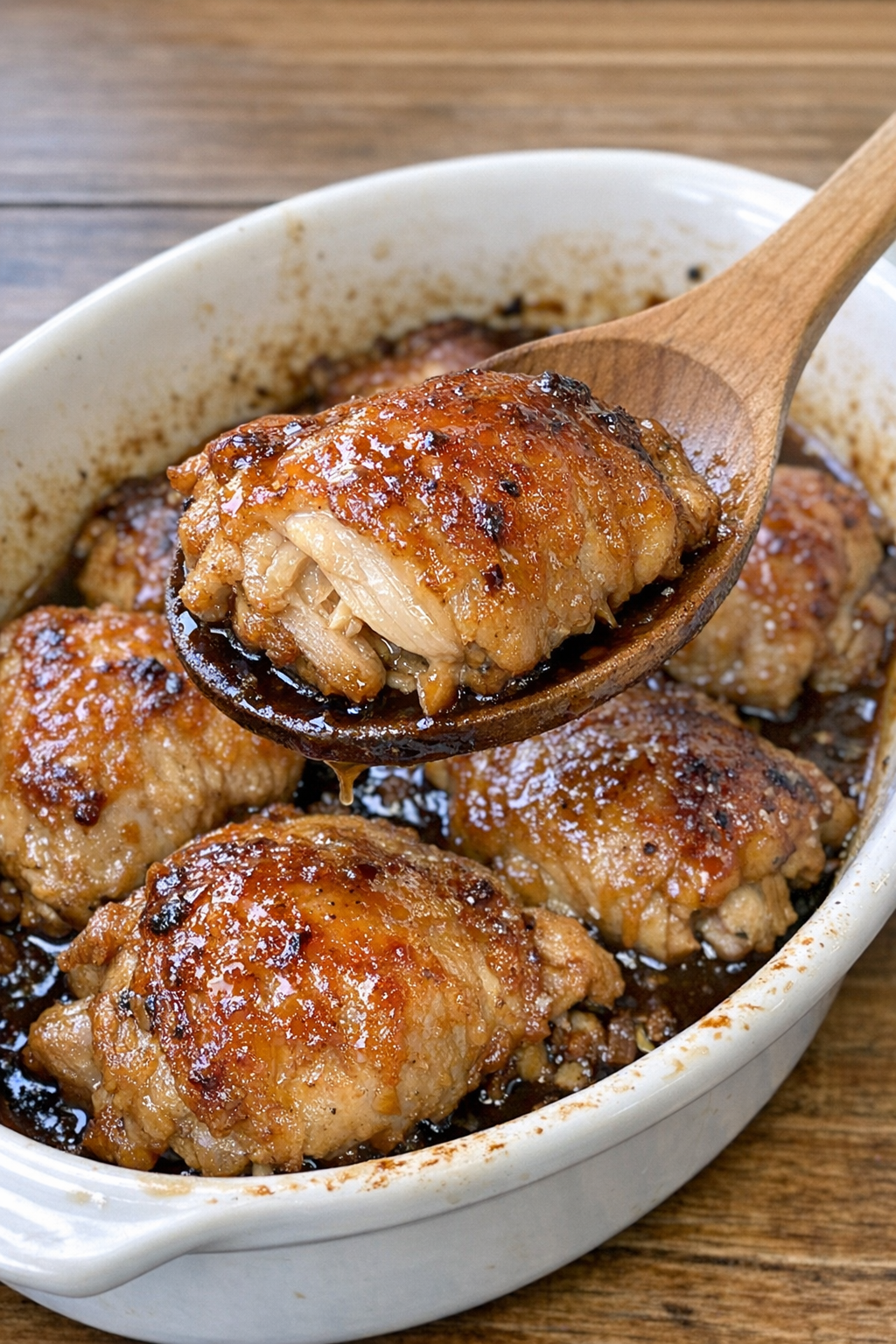 Golden brown baked chicken in a white casserole dish