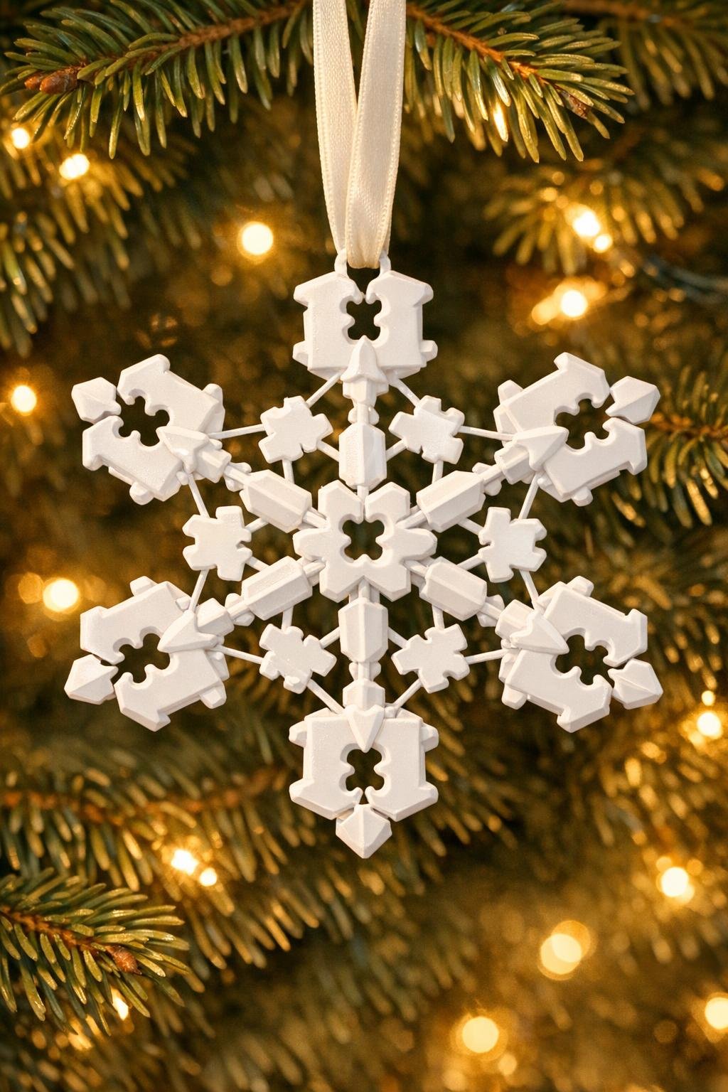 Finished snowflake ornament made from bread bag clips hanging on a Christmas tree