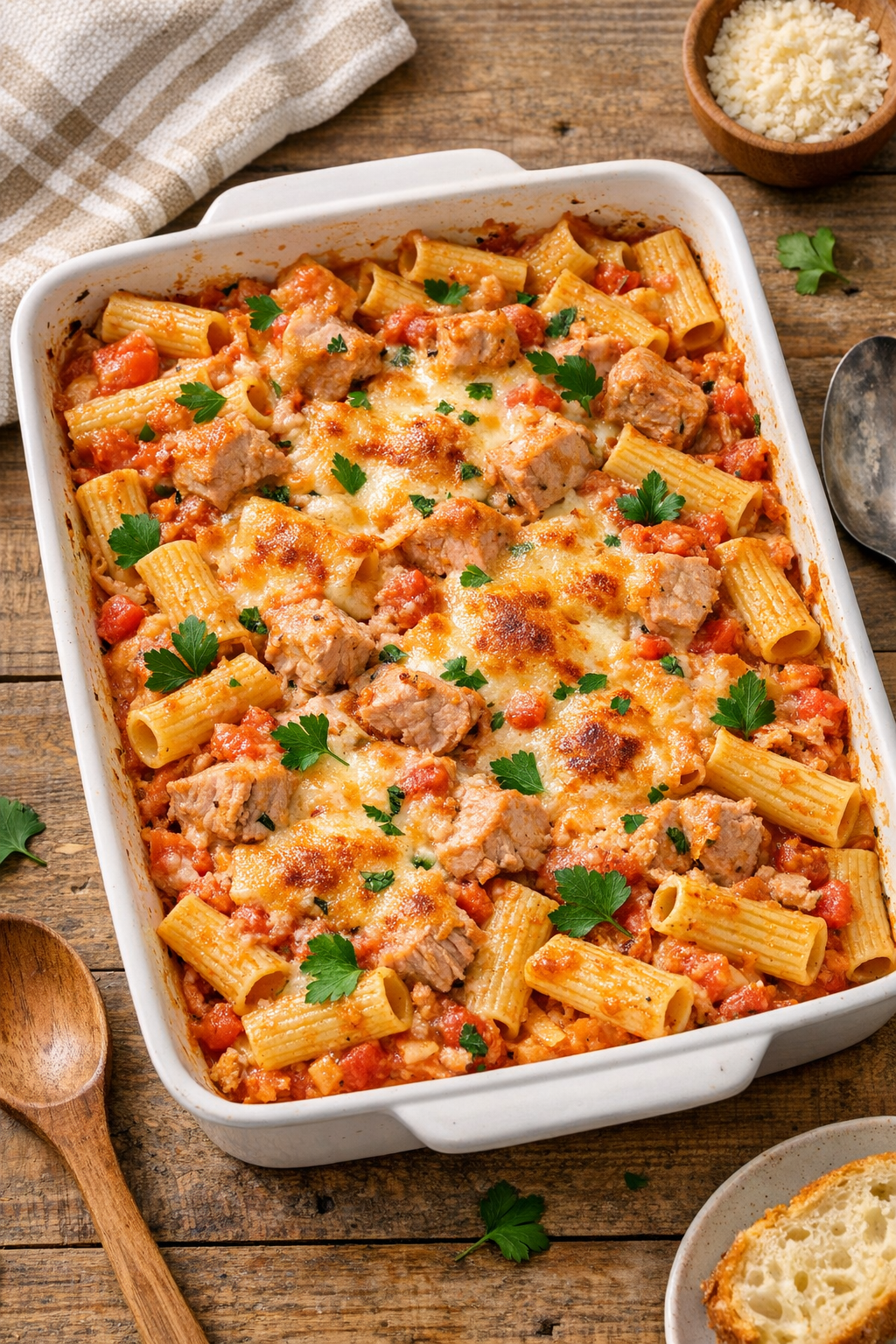 Finished baked tuna rigatoni in a rustic baking dish