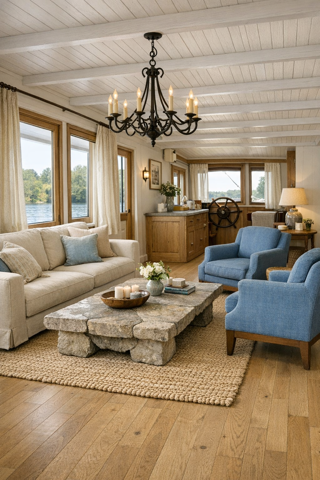 Bright French country living room on a houseboat with linen seating and pale oak floors