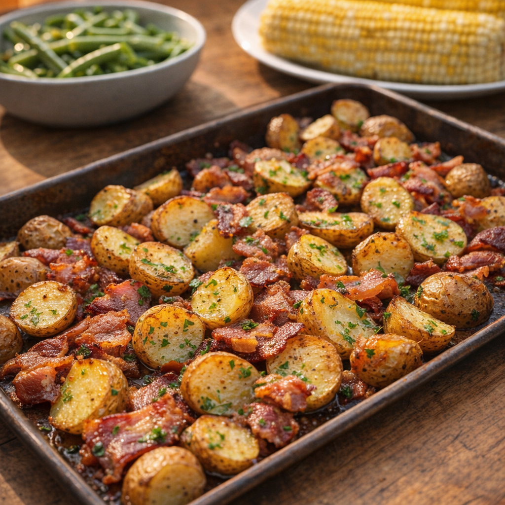 Finished potato and bacon sheet pan served with simple garden sides