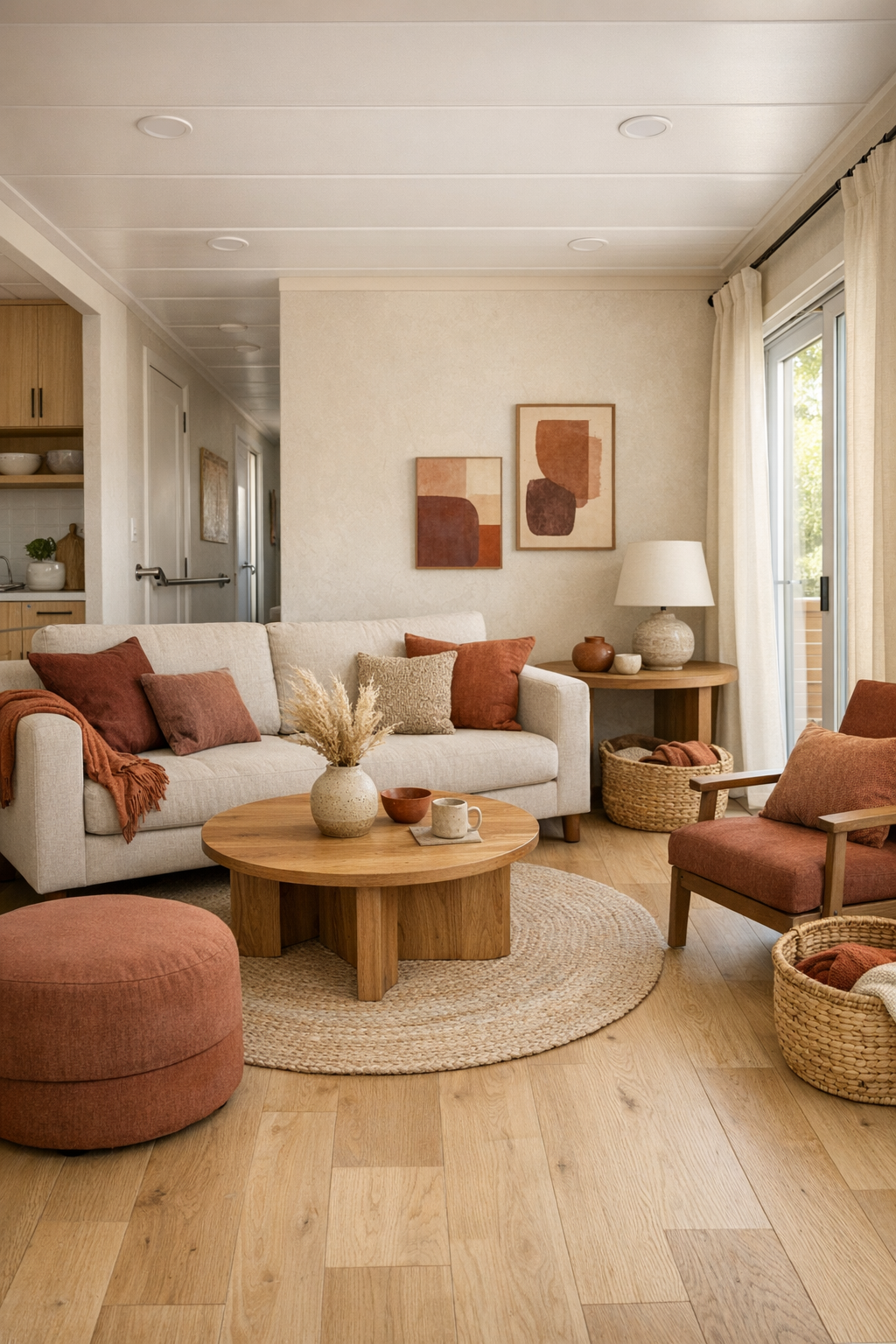 Accessible modern living room with pale oak floors and muted burgundy accents