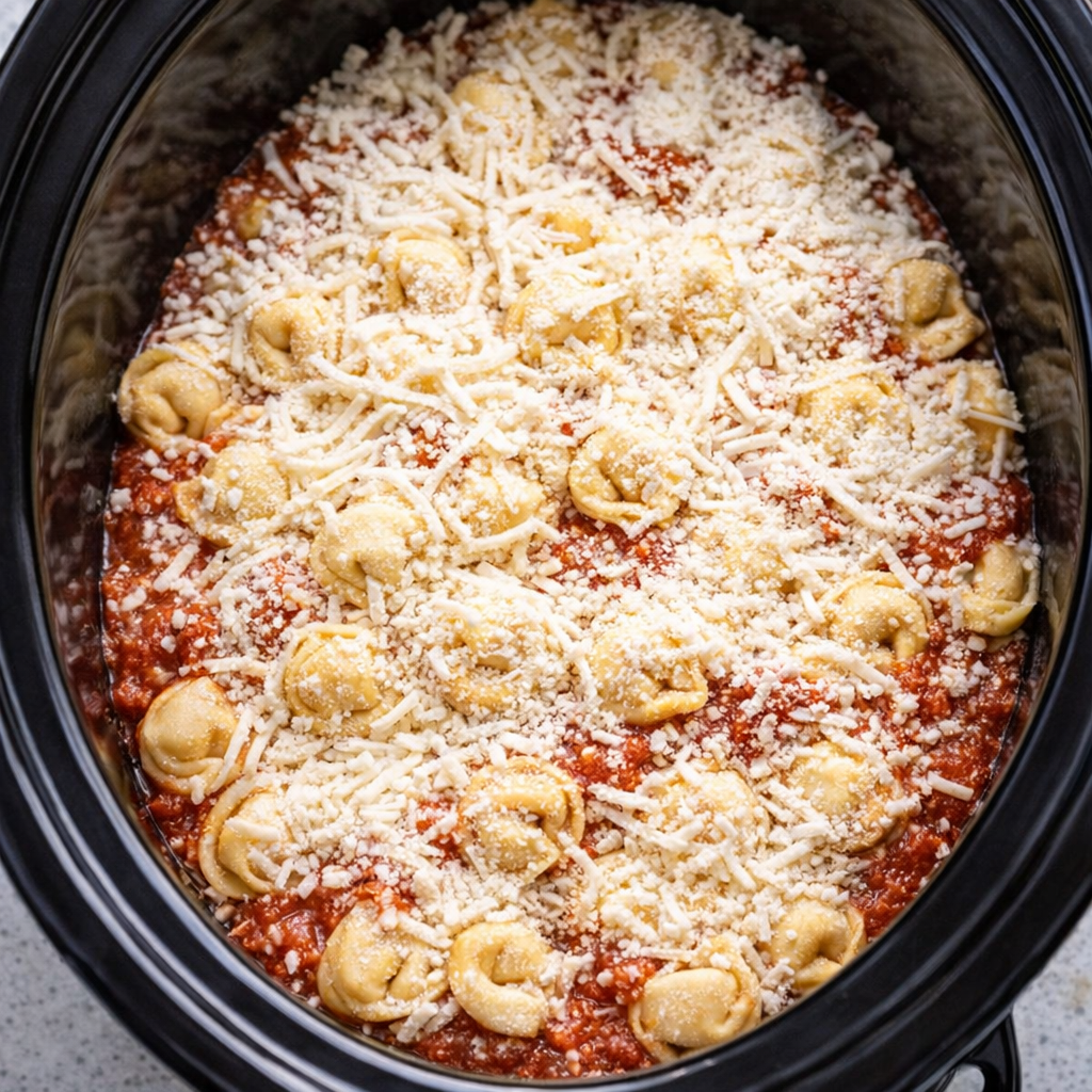 Layered tortellini and cheese in a slow cooker