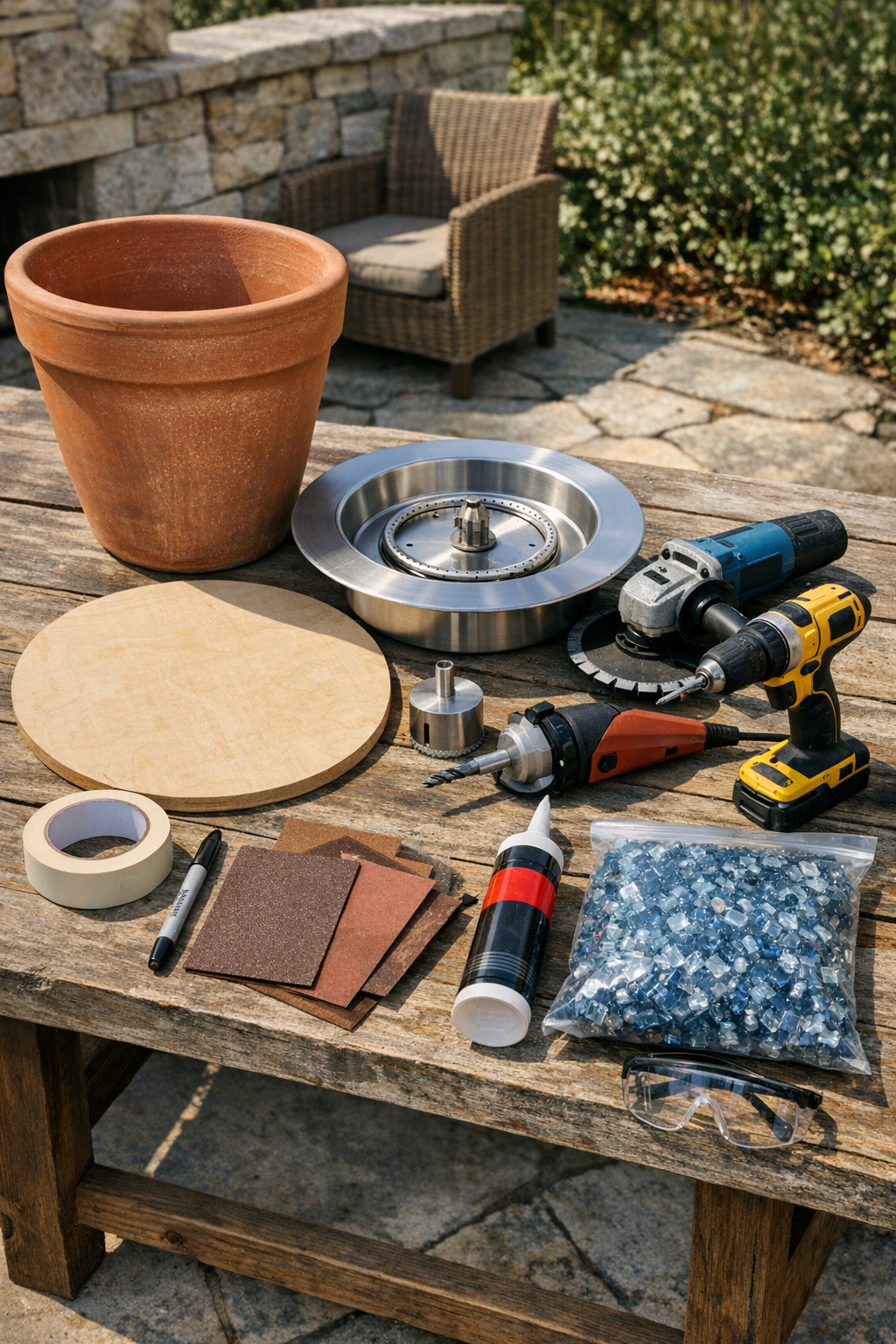 Materials for a planter s'mores station laid out on a worktable