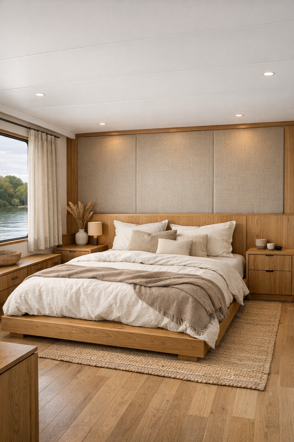 Serene houseboat bedroom with a low oak platform bed, soft upholstered headboard, layered neutral bedding, and water-view windows