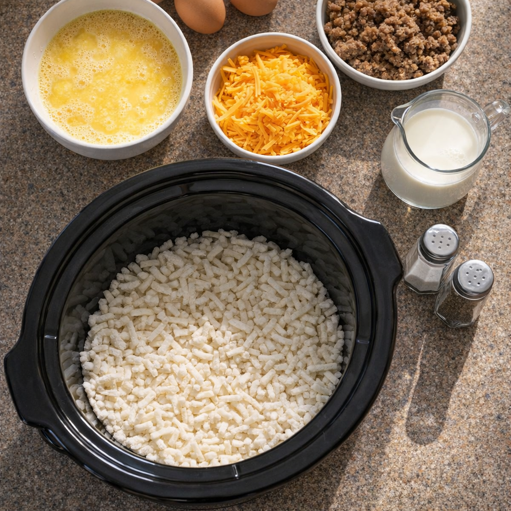 Slow cooker breakfast casserole ingredients on a kitchen counter
