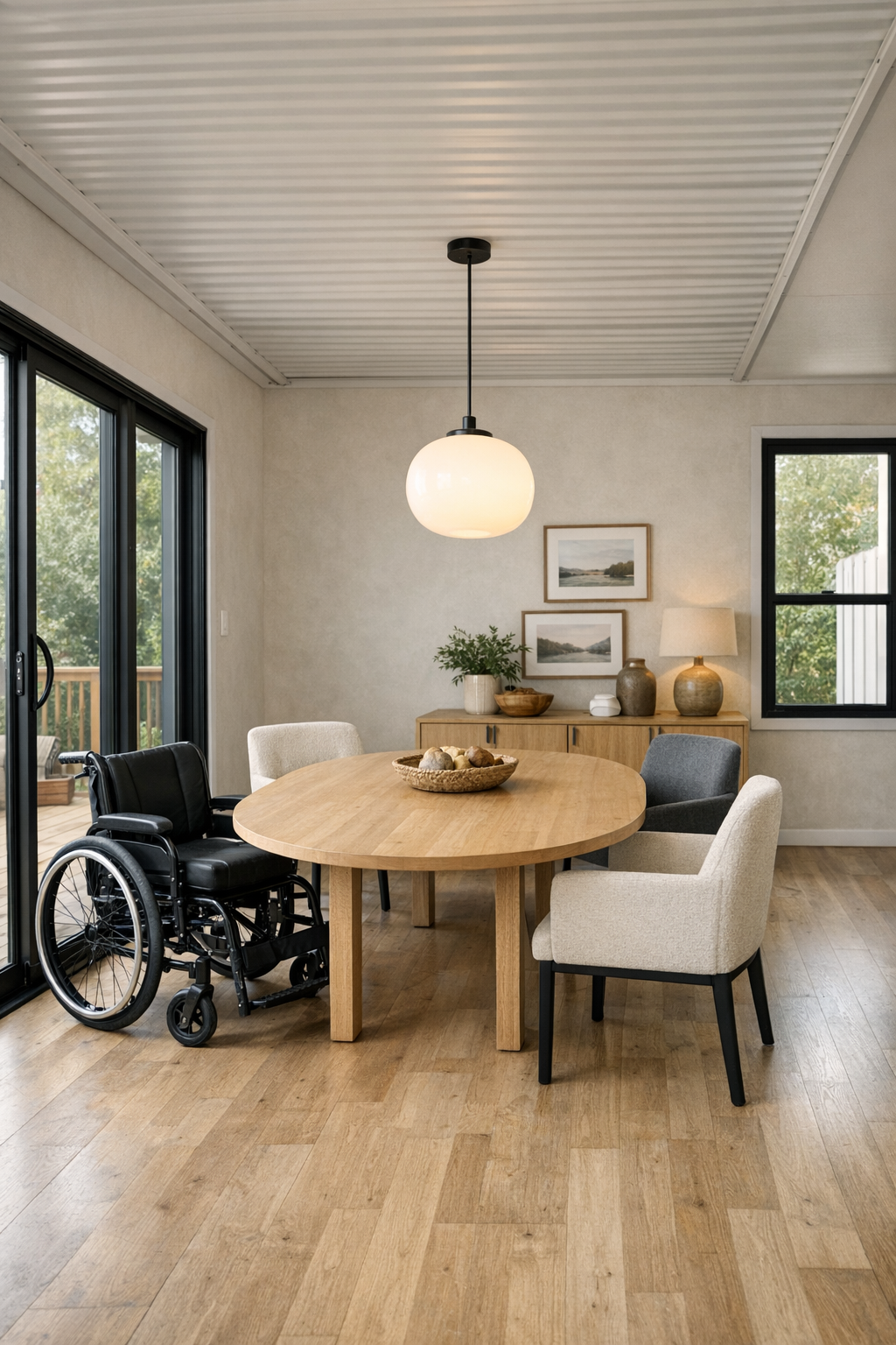 Accessible dining room with oval wood table and soft modern finishes