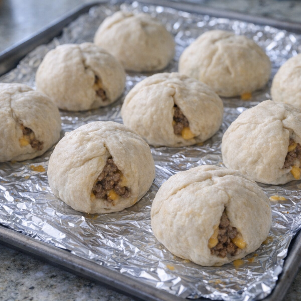 Unbaked crescent puffs arranged on a foil-lined baking sheet