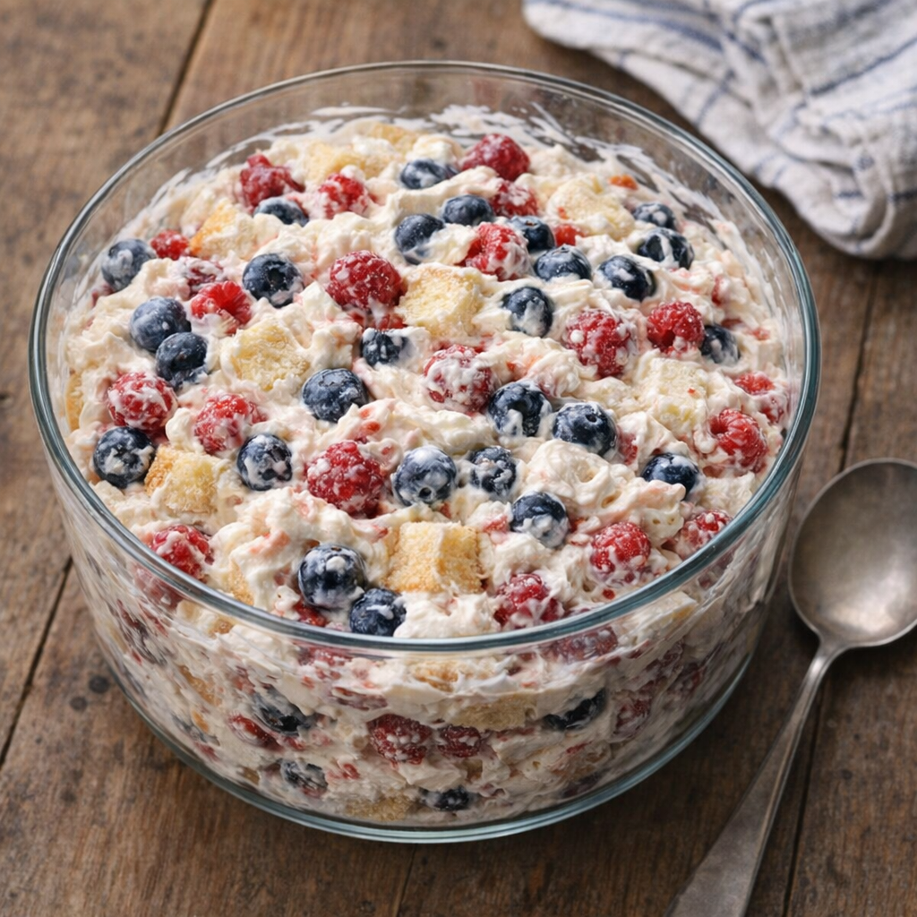 Rustic berry trifle in a glass dish on a kitchen table