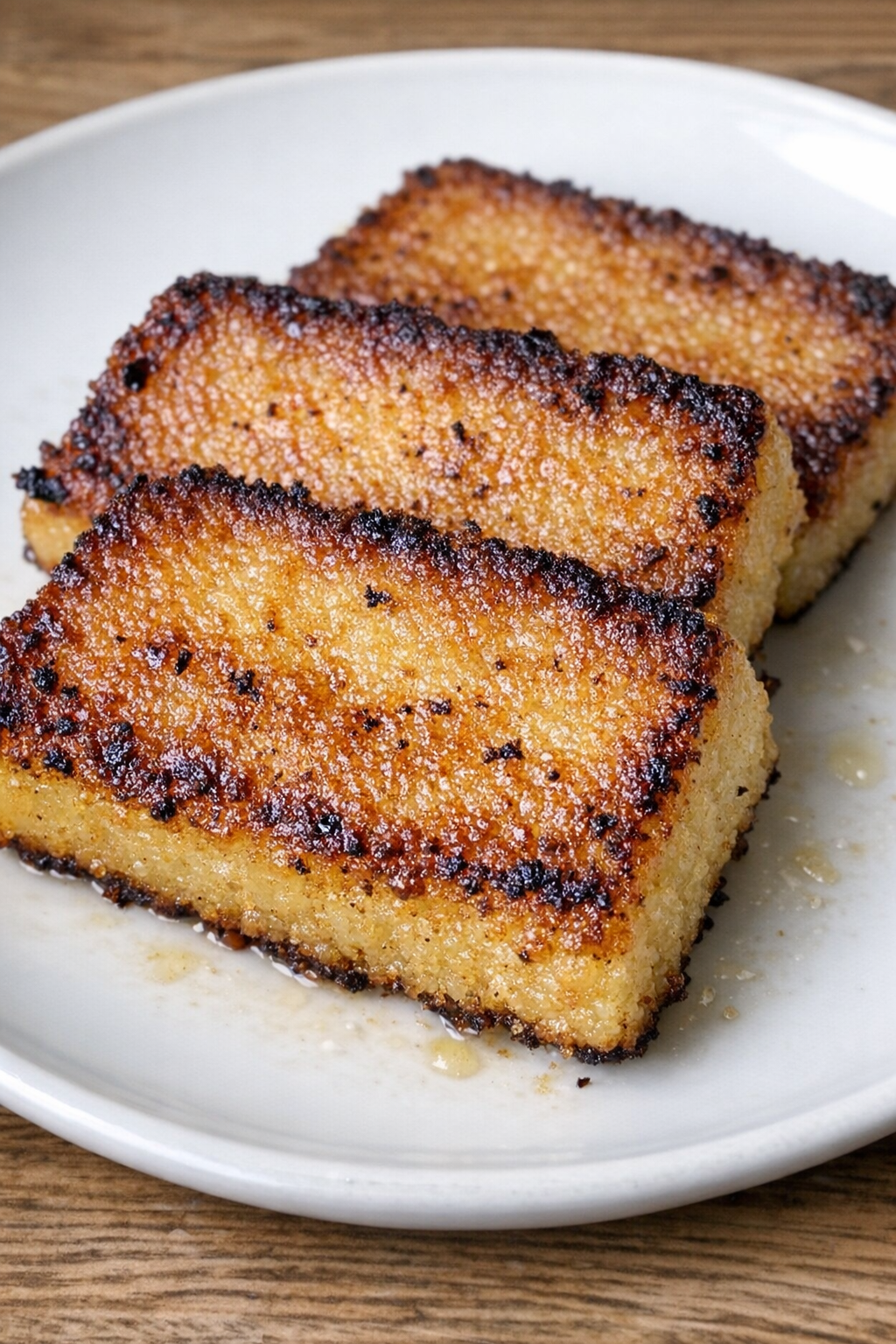 Close up of fried cornmeal mush slices on a white plate