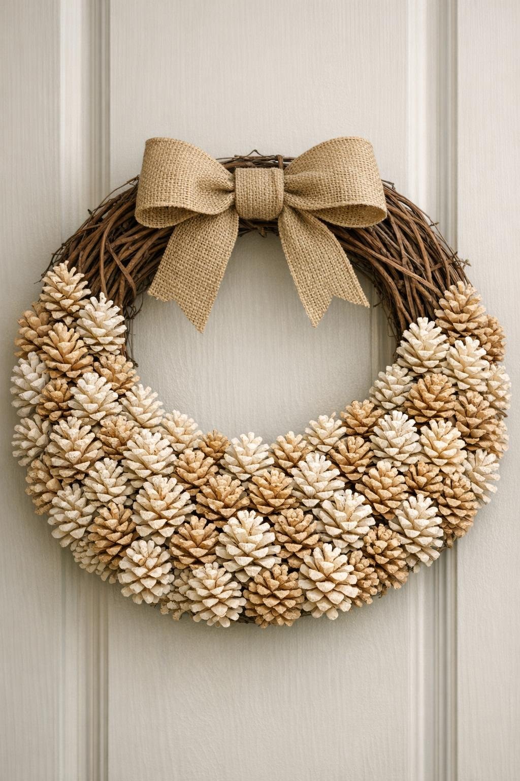 Finished rustic harvest wreath with bleached pine cones