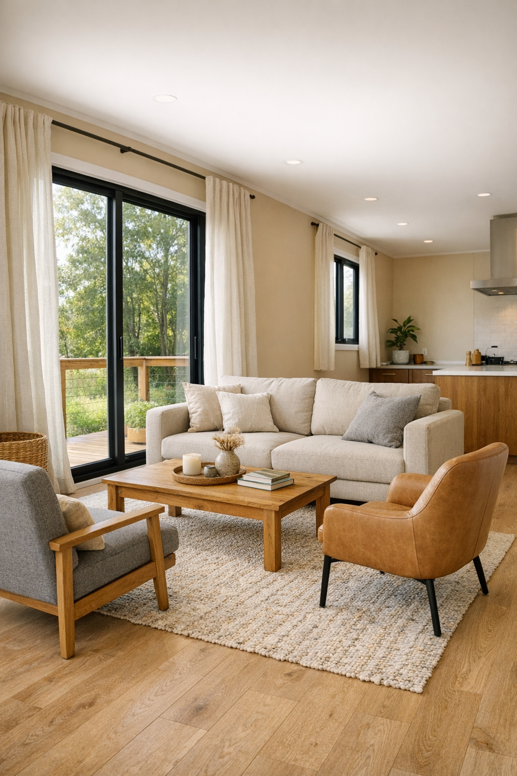 Warm accessible living room with almond tones and pale oak finishes
