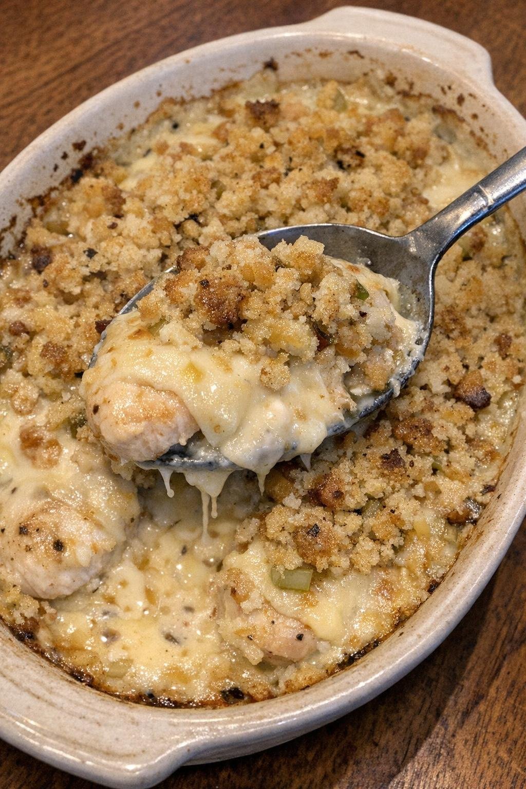 Swiss chicken casserole in an oval stoneware baking dish