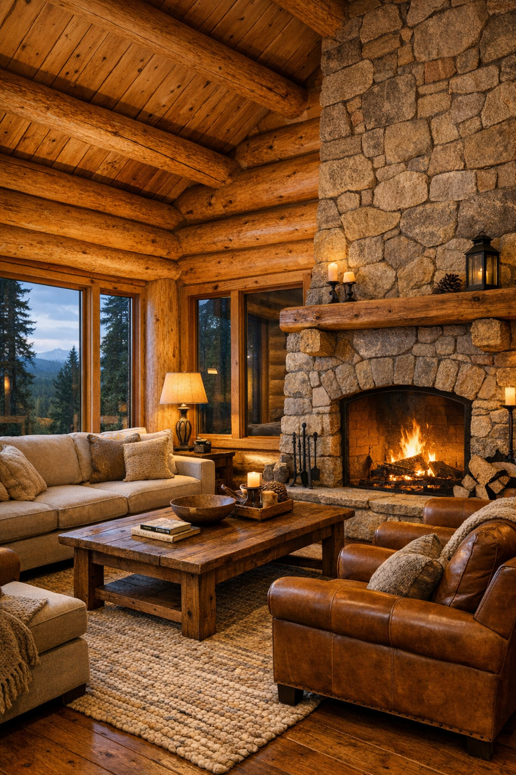 Warm rustic living room with log walls, timber ceiling, stone fireplace, and soft neutral furnishings