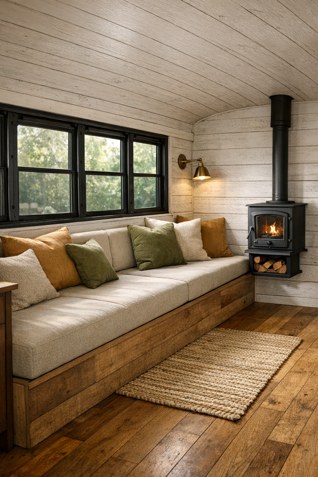 Cozy bus living room with built-in bench seating and warm wood finishes
