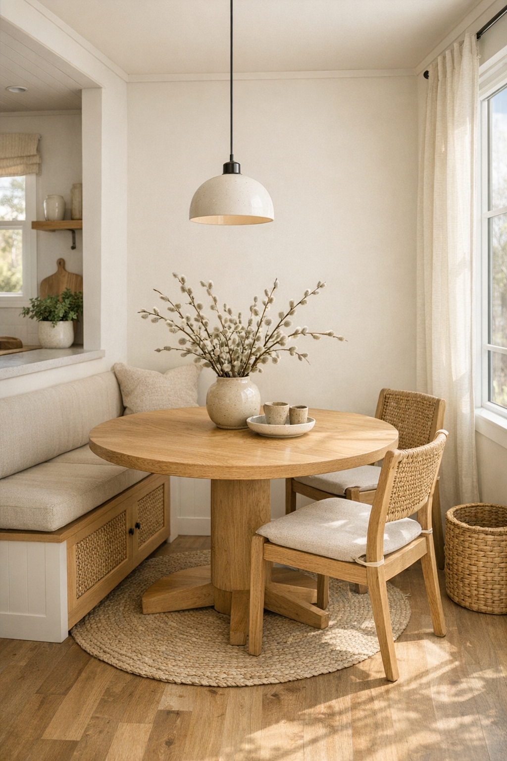 Round dining table in a tiny home with light oak finishes, soft green tones, and gentle pendant lighting