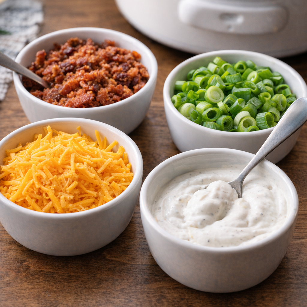 Hash brown casserole toppings set out in small bowls