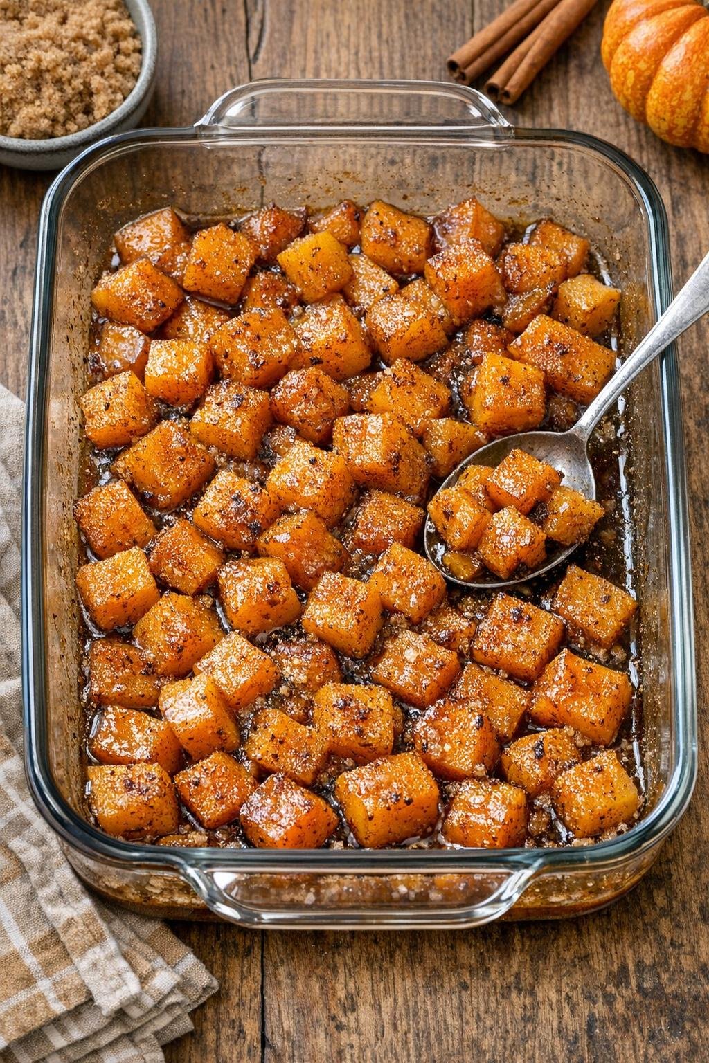 Finished baked butternut squash dessert in a glass baking dish